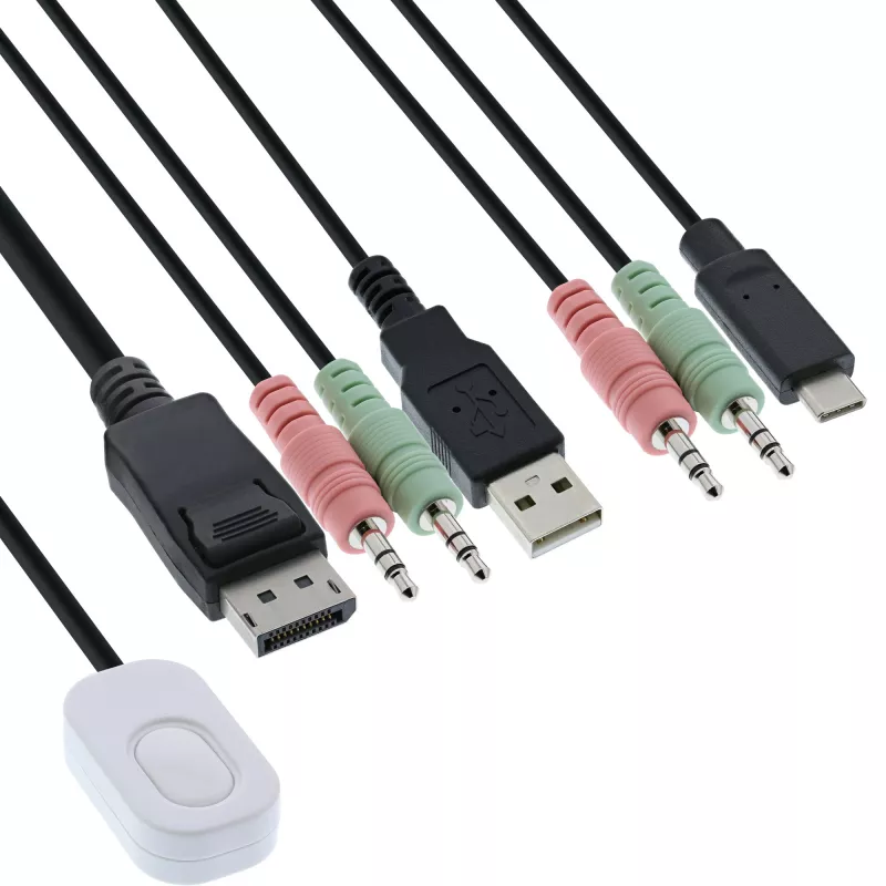 InLine διακόπτης KVM, 2 θυρών, USB-C+DP σε DisplayPort, 4K, ήχος, ενσωμ. καλώδιο