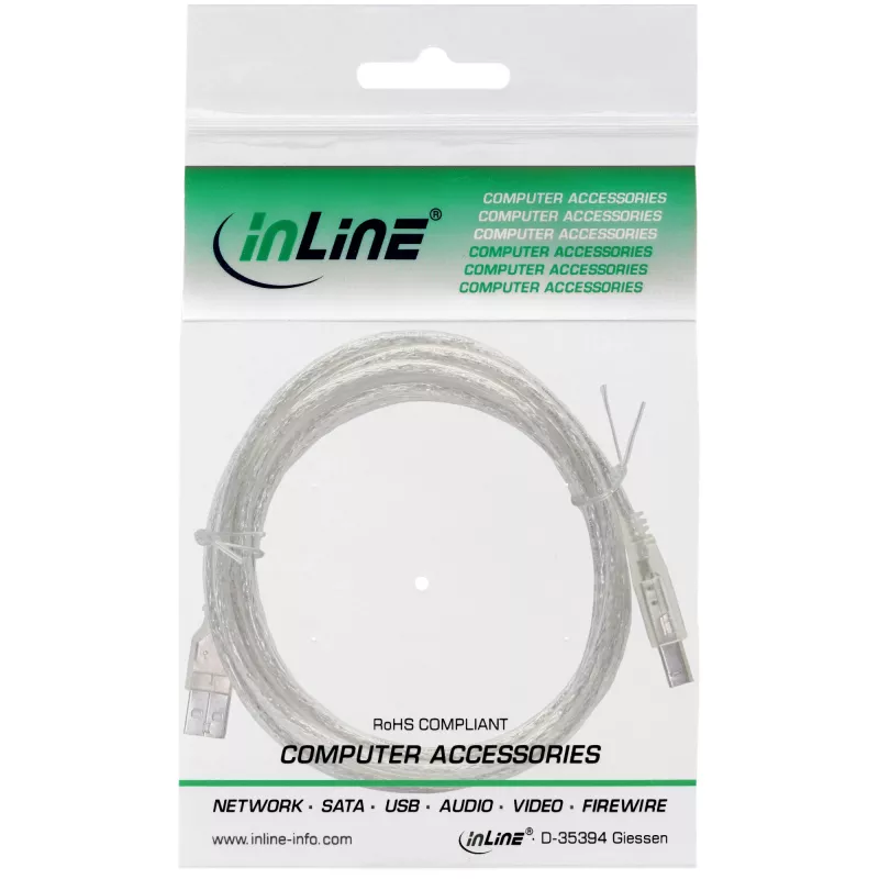 InLine καλώδιο USB 2.0 βύσμα Type A / βύσμα B, διαφανές, 0,3 m