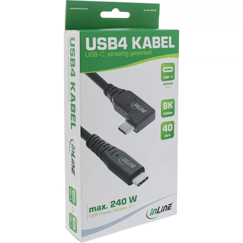 InLine Καλώδιο USB4, USB-C, μονόπλευρα γωνιακό, PD 240W, 8K60Hz, TPE, μαύρο, 1m