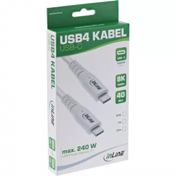 InLine Καλώδιο USB4, USB-C αρσενικό/αρσενικό, PD 240W, 8K60Hz, TPE, λευκό, 1,5m