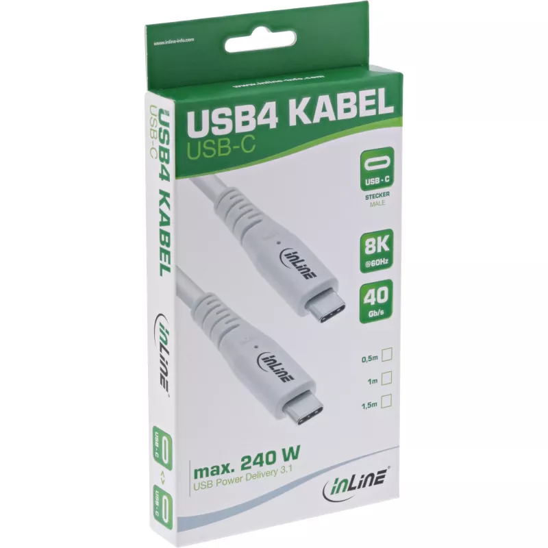 InLine Καλώδιο USB4, USB-C αρσενικό/αρσενικό, PD 240W, 8K60Hz, TPE, λευκό, 1m