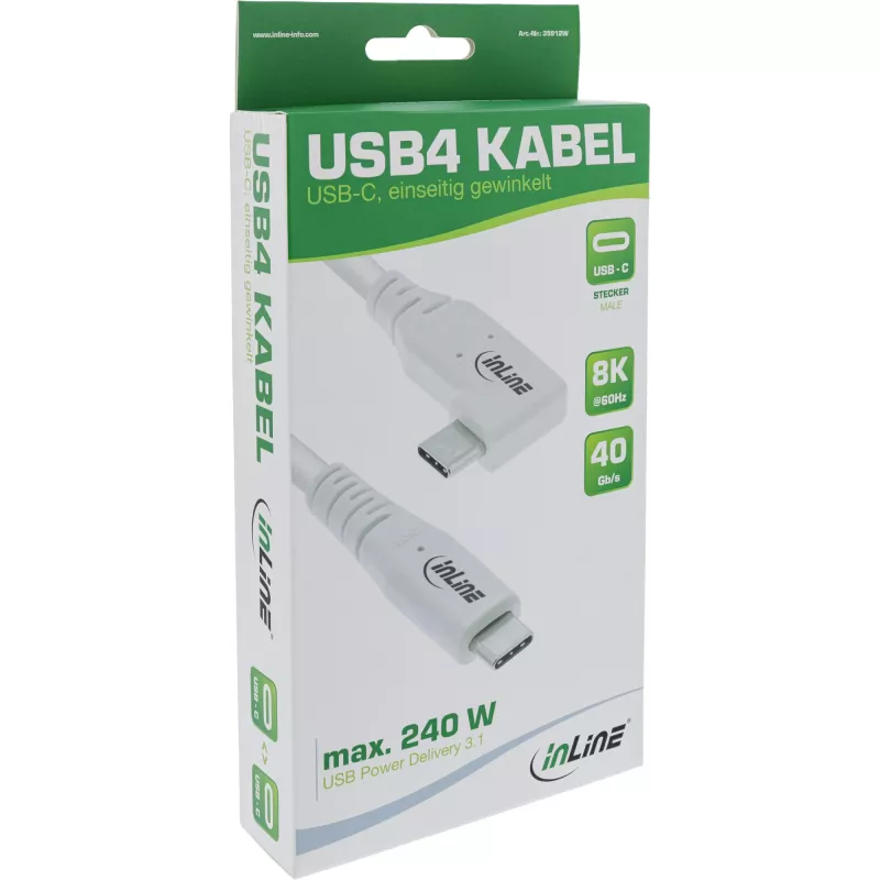 InLine Καλώδιο USB4, USB-C, μονόπλευρα γωνιακό, PD 240W, 8K60Hz, TPE, λευκό, 0,5 m