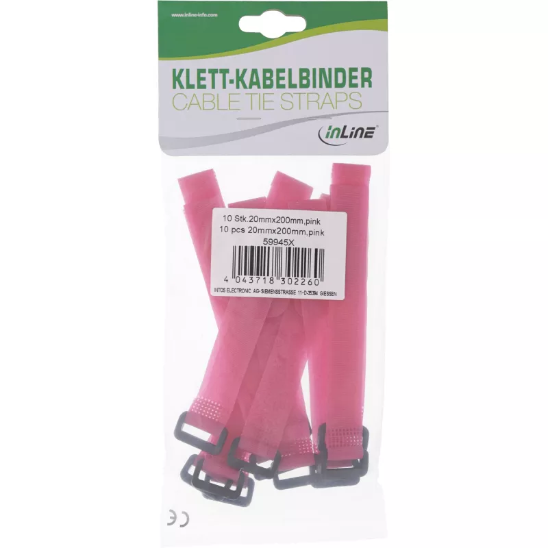 Δεματικά καλωδίων InLine με Velcro 20 x 200 mm, 10 τεμ., ροζ