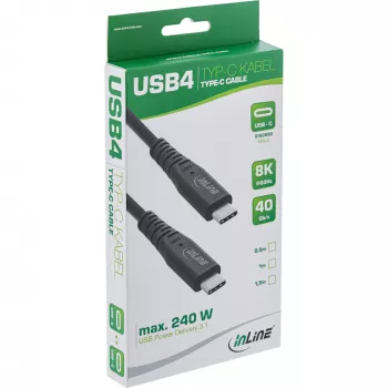 Καλώδιο USB4 InLine, USB-C βύσμα/βύσμα, PD 240 W, 8K60Hz, TPE μαύρο 0,5 m