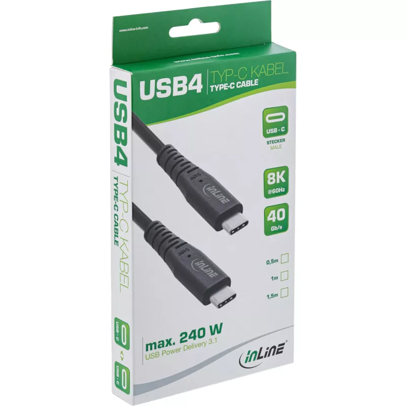 Καλώδιο USB4 InLine, USB-C βύσμα/βύσμα, PD 240W, 8K60Hz, TPE μαύρο 1,5m