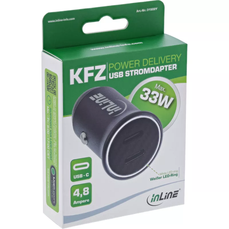 Φορτιστής αυτοκινήτου USB InLine Power Delivery, 2x USB-C, μαύρο
