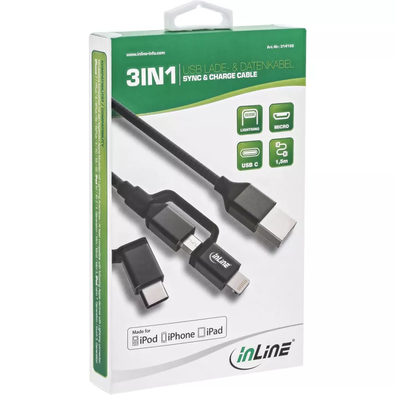 InLine Καλώδιο 3-in-1 USB, USB-A αρσενικό σε Micro-USB+USB-C+Lightning, μαύρο/αλουμίνιο