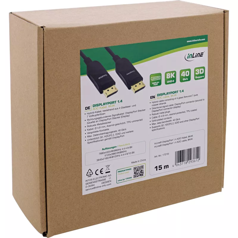 InLine Καλώδιο DisplayPort 1.4 AOC, 8K4K, μαύρο, 15 m