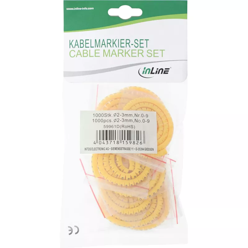 Δακτύλιοι σήμανσης καλωδίων InLine 2–3 mm, αριθμητικοί 0–9, 1000 τεμ., κίτρινο