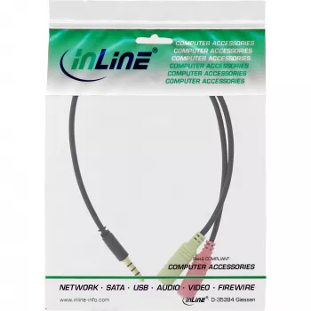 Καλώδιο προσαρμογέα ήχου-ακουστικών InLine 3,5 mm αρσενικό 4 ακίδων / 2x 3,5 mm, μαύρο, 0,15 m