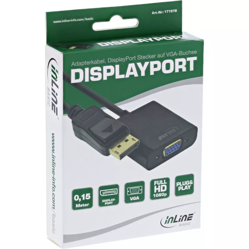Καλώδιο προσαρμογέα DisplayPort InLine Basic, βύσμα DP / υποδοχή VGA μαύρο 0,15 m