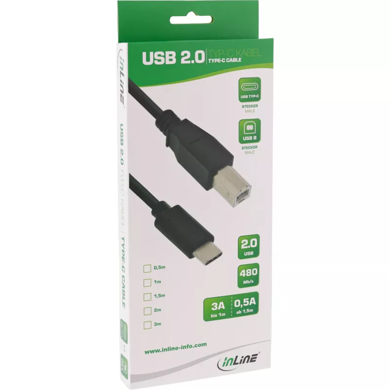 InLine καλώδιο USB 2.0, βύσμα USB-C / βύσμα USB-B, μαύρο, 3m