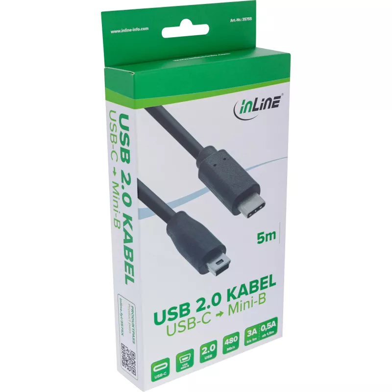 InLine καλώδιο USB 2.0, βύσμα USB-C / βύσμα Mini-B (5 ακίδων), μαύρο, 5m