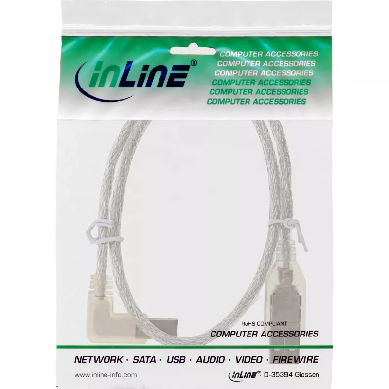 InLine καλώδιο USB 2.0 αριστερά γωνιακό βύσμα Type-A / βύσμα B διαφανές 2m