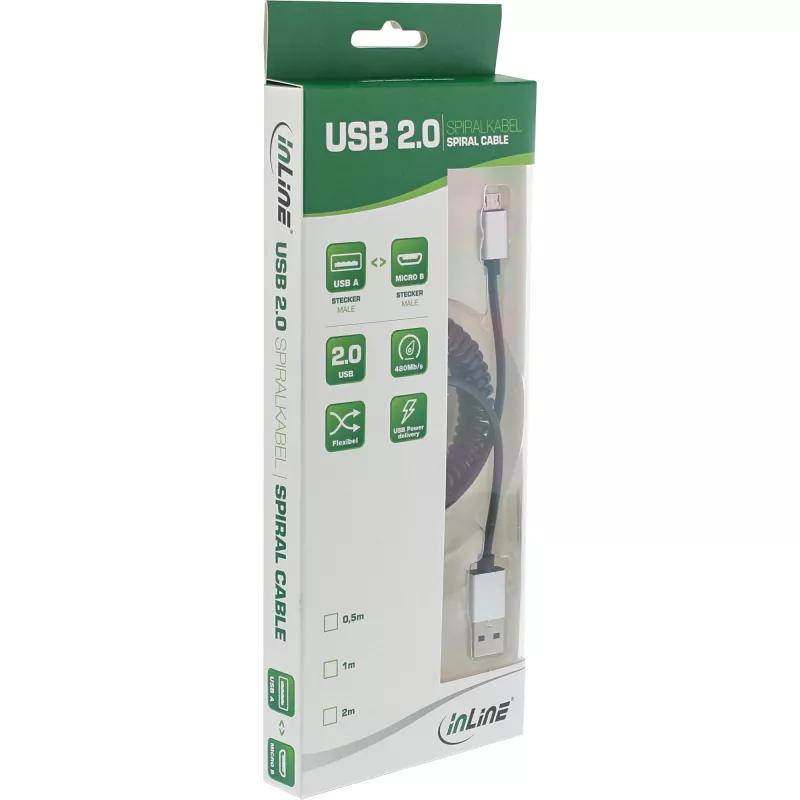 Σπιράλ καλώδιο InLine Micro-USB 2.0, Type-A/Micro-B M/M, μαύρο/alu, εύκαμπτο 3 m