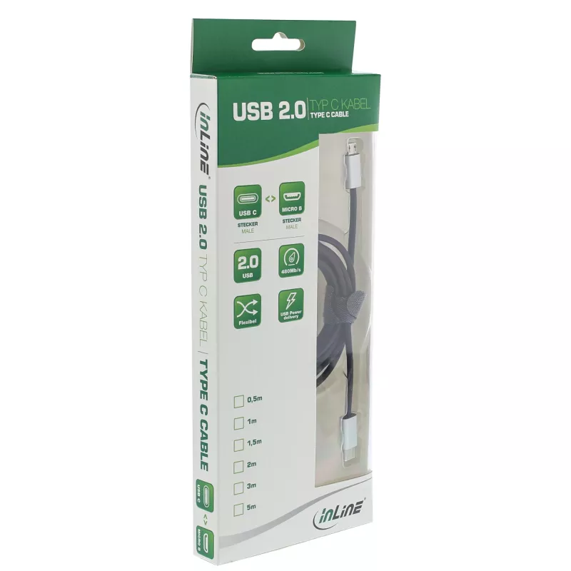 Καλώδιο InLine USB 2.0, βύσμα USB-C / βύσμα Micro-B, μαύρο/alu, εύκαμπτο, 1,5 m