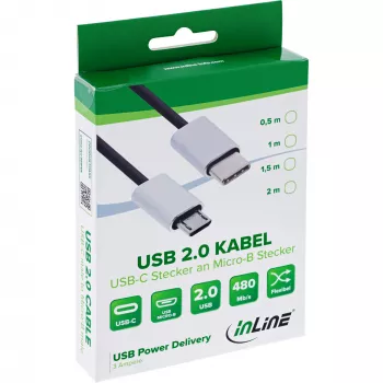 Καλώδιο InLine USB 2.0, βύσμα USB-C / βύσμα Micro-B, μαύρο/alu, εύκαμπτο, 0,5m