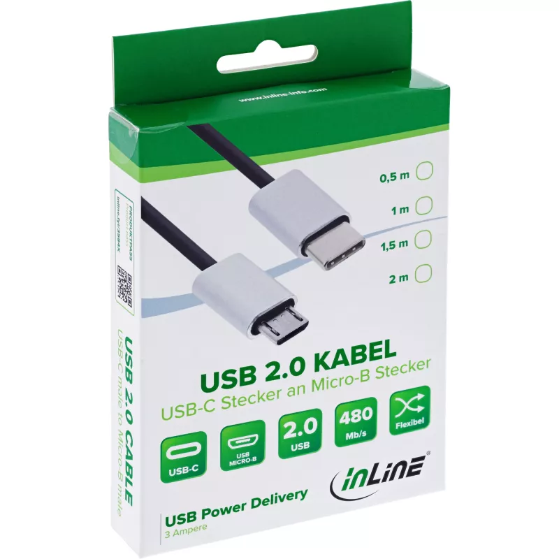 Καλώδιο InLine USB 2.0, βύσμα USB-C / βύσμα Micro-B, μαύρο/alu, εύκαμπτο, 0,5m