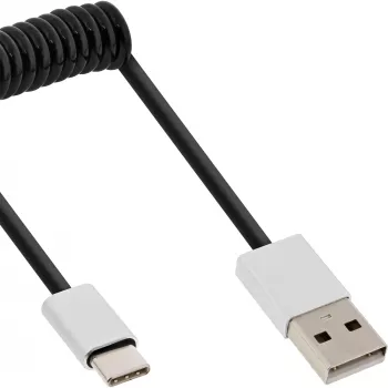 Σπιράλ καλώδιο InLine USB 2.0, βύσμα USB-C / βύσμα USB-A, μαύρο/alu, εύκαμπτο, 2m