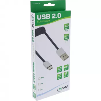 Σπιράλ καλώδιο InLine USB 2.0, βύσμα USB-C / βύσμα USB-A, μαύρο/alu, εύκαμπτο, 2m