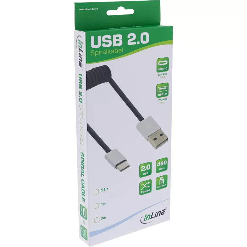 Σπιράλ καλώδιο InLine USB 2.0, βύσμα USB-C / βύσμα USB-A, μαύρο/alu, εύκαμπτο, 2m