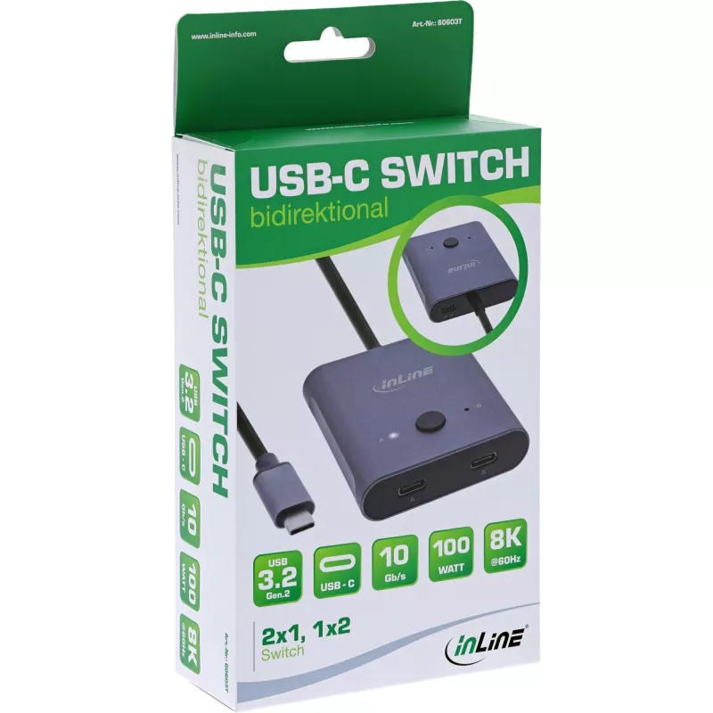 InLine Διακόπτης USB-C, αμφίδρομος διακόπτης, 10 Gb/s, 100 W