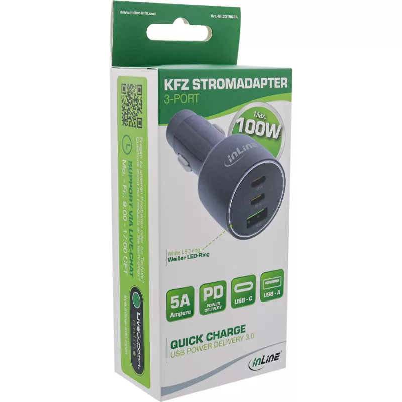 InLine φορτιστής αυτοκινήτου USB Power Delivery, 2x USB-C + QC USB-A, μαύρο