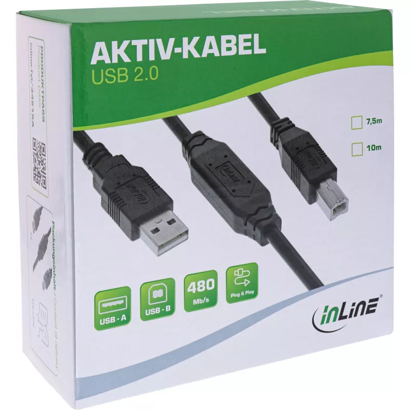 InLine ενεργό καλώδιο USB 2.0, USB-A αρσενικό σε USB-B αρσενικό, 7,5m