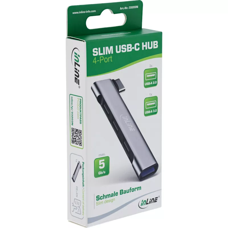 InLine λεπτός hub USB-C, 4 θυρών, USB 3.0 + 3x USB 2.0, λεπτός σχεδιασμός