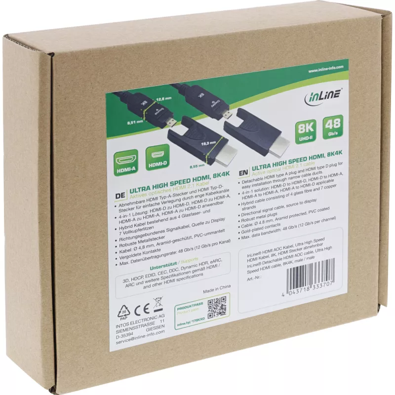 InLine Καλώδιο HDMI AOC, Ultra High Speed HDMI, 8K4K, αποσπώμενο βύσμα, 10m