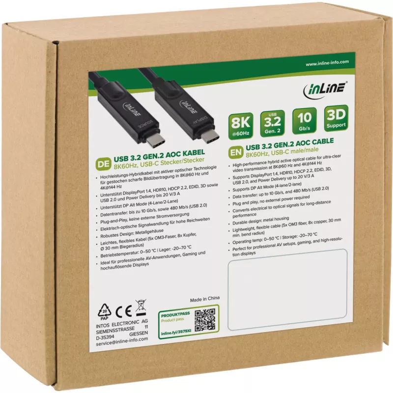 Ενεργό οπτικό καλώδιο USB 3.2 Gen 2 InLine 35795I 8K60Hz, τροφοδοσία 60W