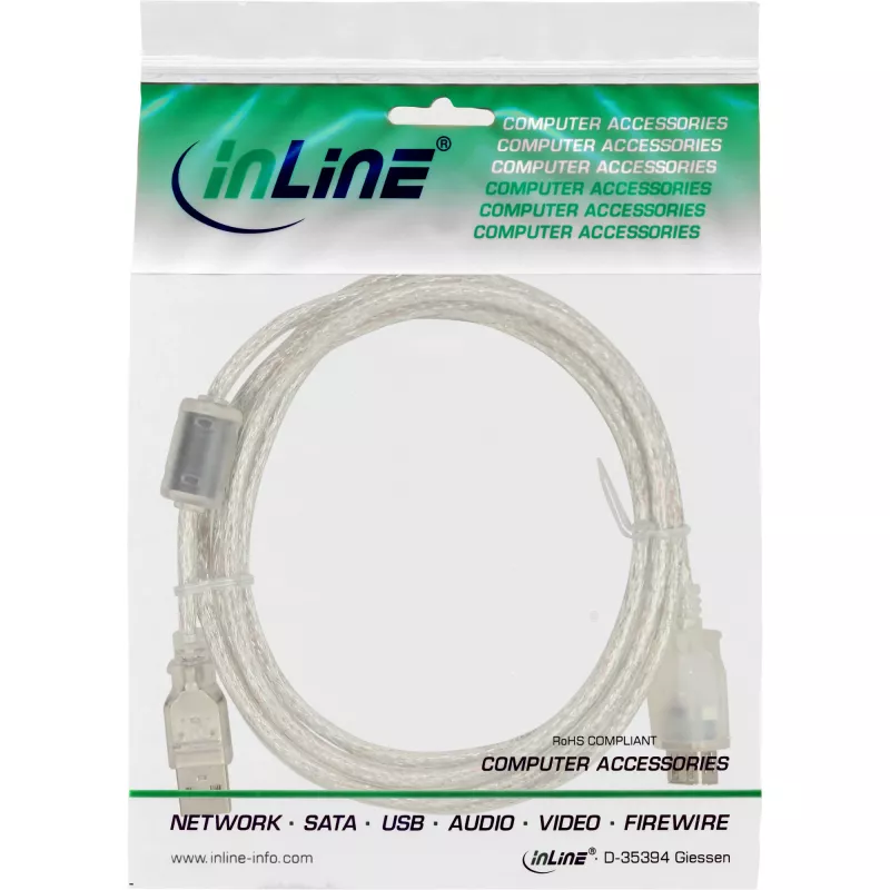 Καλώδιο επέκτασης USB 2.0 InLine Type A αρσενικό/θηλυκό, διαφανές, με φερρίτη, 5 m