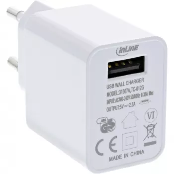 Τροφοδοτικό USB InLine Single, 100-240V σε 5V/2,5A, λευκό