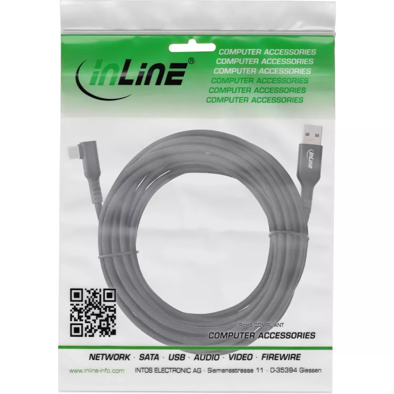 InLine Καλώδιο USB 3.2 Gen.1, βύσμα USB-C γωνιακό - βύσμα USB-A για VR, μαύρο, 5m