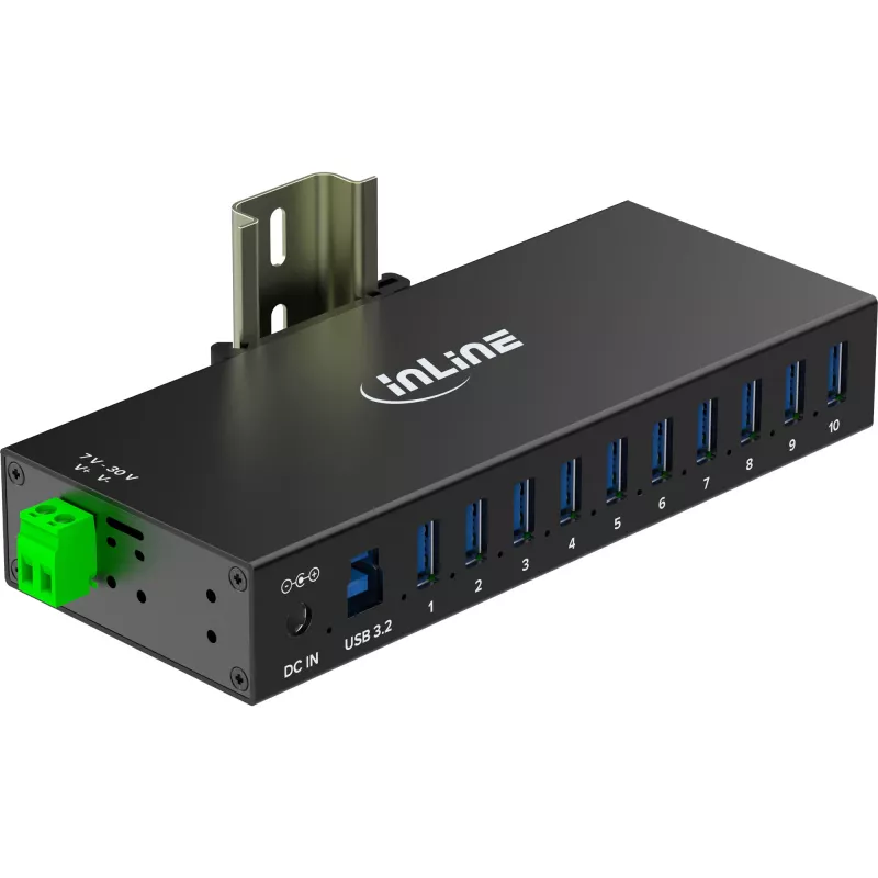 InLine 35396C βιομηχανικό hub USB 3.2 Gen 1 10 θυρών, 10x USB-A 5 Gb/s, USB-B, αλουμίνιο, ράγα DIN, με τροφοδοτικό, μαύρο
