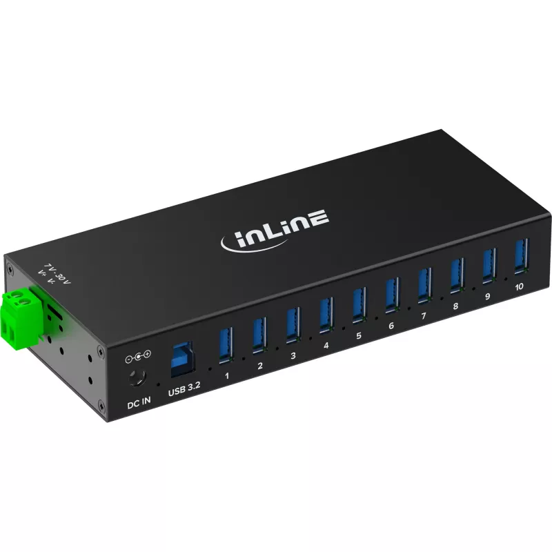 InLine 35396C βιομηχανικό hub USB 3.2 Gen 1 10 θυρών, 10x USB-A 5 Gb/s, USB-B, αλουμίνιο, ράγα DIN, με τροφοδοτικό, μαύρο