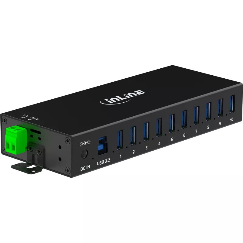 InLine 35396C βιομηχανικό hub USB 3.2 Gen 1 10 θυρών, 10x USB-A 5 Gb/s, USB-B, αλουμίνιο, ράγα DIN, με τροφοδοτικό, μαύρο