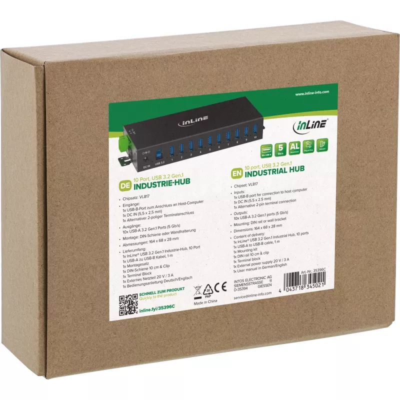 InLine 35396C βιομηχανικό hub USB 3.2 Gen 1 10 θυρών, 10x USB-A 5 Gb/s, USB-B, αλουμίνιο, ράγα DIN, με τροφοδοτικό, μαύρο
