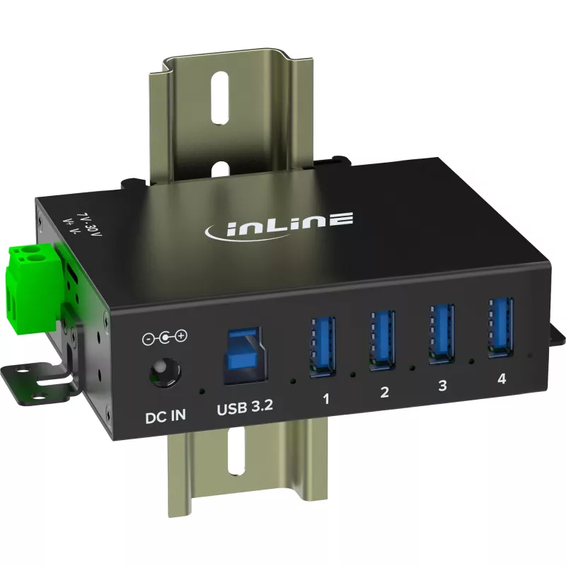 InLine 35396A βιομηχανικό hub USB 3.2 Gen 1 4 θυρών, 4x USB-A 5 Gb/s, USB-B, αλουμίνιο, ράγα DIN, με τροφοδοτικό, μαύρο