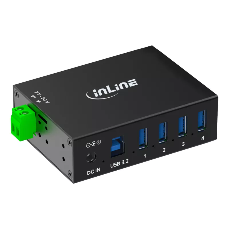 InLine 35396A βιομηχανικό hub USB 3.2 Gen 1 4 θυρών, 4x USB-A 5 Gb/s, USB-B, αλουμίνιο, ράγα DIN, με τροφοδοτικό, μαύρο
