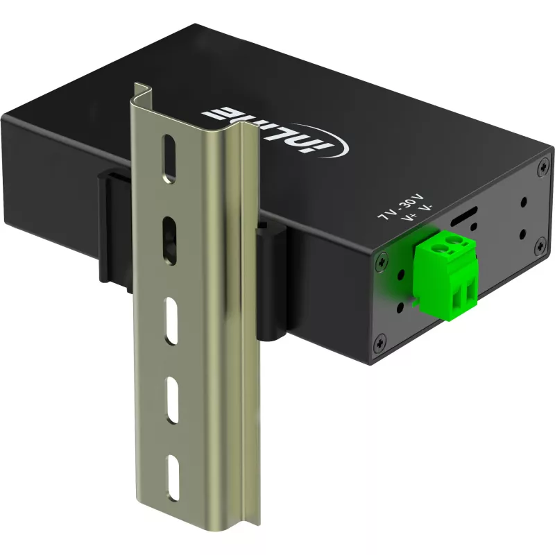 InLine 35396A βιομηχανικό hub USB 3.2 Gen 1 4 θυρών, 4x USB-A 5 Gb/s, USB-B, αλουμίνιο, ράγα DIN, με τροφοδοτικό, μαύρο