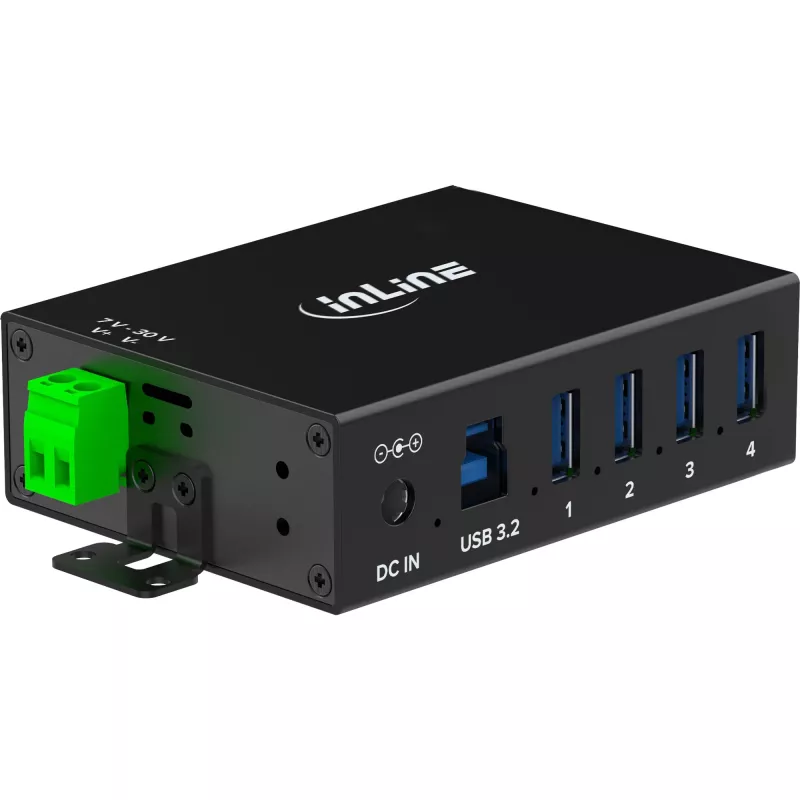 InLine 35396A βιομηχανικό hub USB 3.2 Gen 1 4 θυρών, 4x USB-A 5 Gb/s, USB-B, αλουμίνιο, ράγα DIN, με τροφοδοτικό, μαύρο