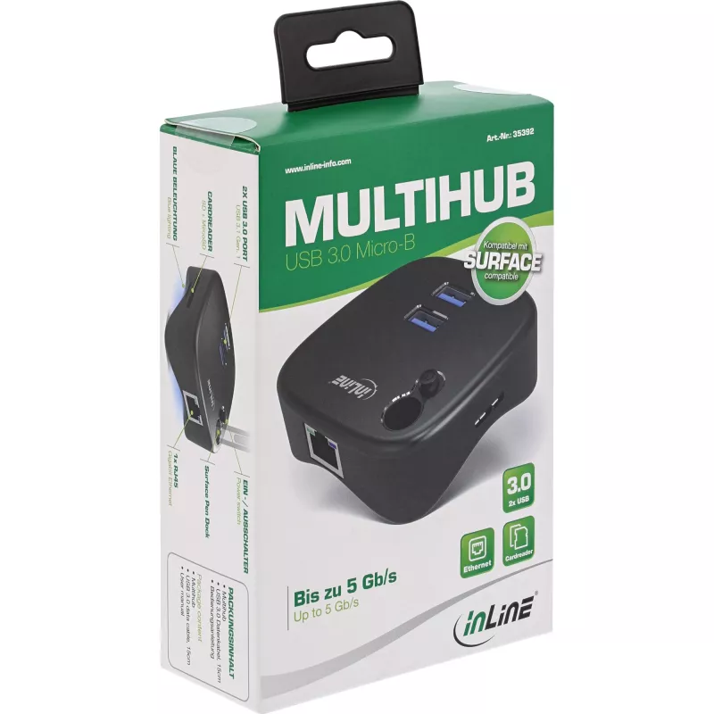 InLine Πολυπροσαρμογέας USB 3.0, 2xUSB-A, RJ45, αναγνώστης καρτών SD/MicroSD, μαύρο