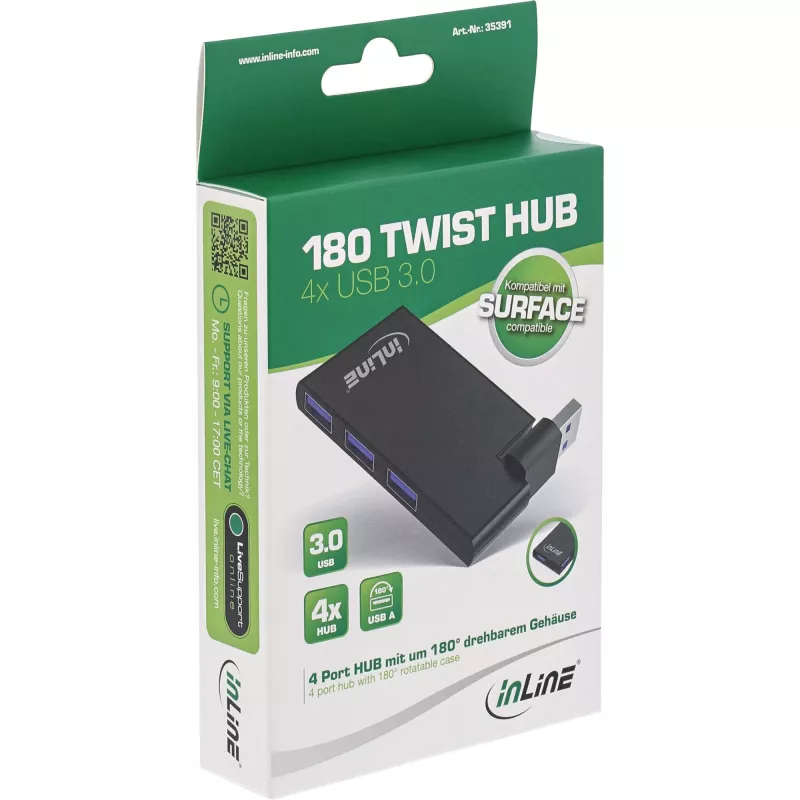 InLine Περιστρεφόμενο hub USB 3.0, 4 θύρες, μαύρο