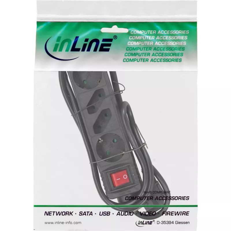 InLine Πολύπριζο, 4 θέσεων, 2x CEE7/3 + 2x Euro CEE 7/16, μαύρο, 5m