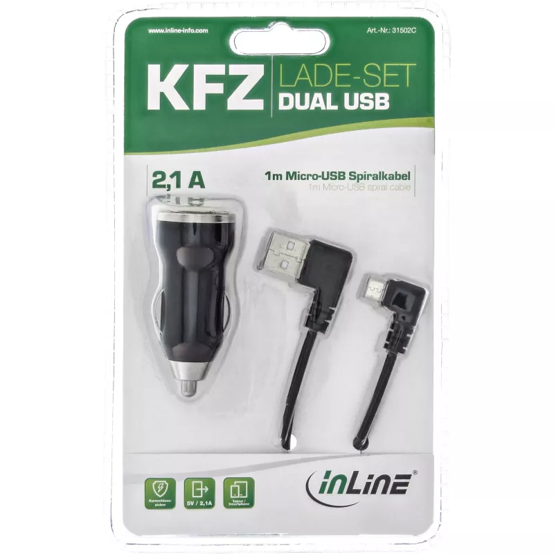 InLine USB DUAL+ Σετ φόρτισης αυτοκινήτου, τροφοδοτικό με σπιράλ καλώδιο 1m