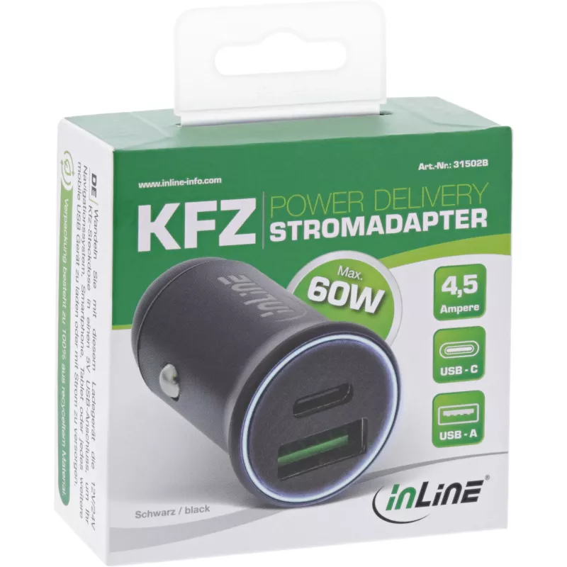 InLine USB φορτιστής αυτοκινήτου τροφοδοτικό Power Delivery, USB-A + USB-C, μαύρο