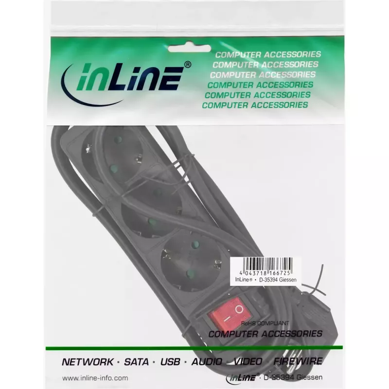 Πολύπριζο InLine, 3 θέσεις Schutzkontakt CEE 7/3, μαύρο, 1,5m