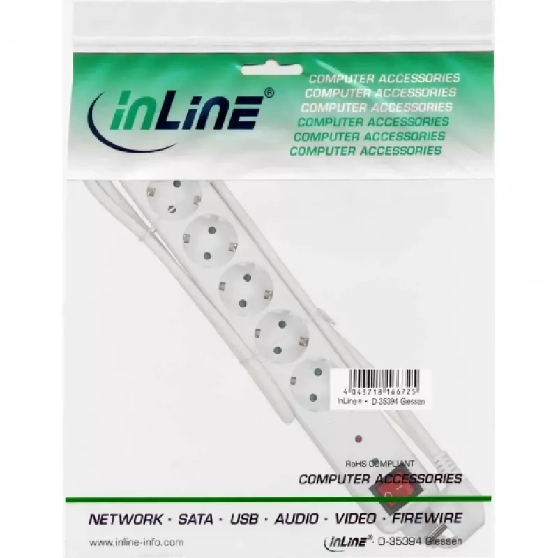 Πολύπριζο InLine CEE 7/3, 6 θέσεις, προστασία υπέρτασης, διακόπτης, λευκό