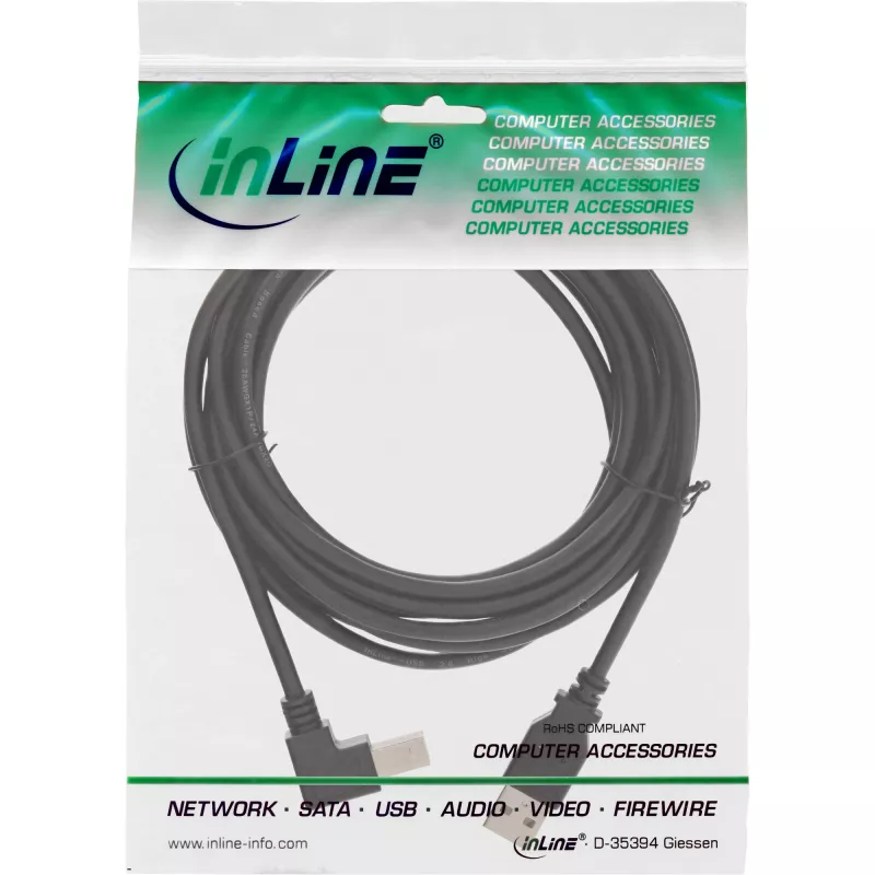 Καλώδιο USB 2.0 InLine γωνιακό Type-A αρσενικό βύσμα / B αρσενικό βύσμα, μαύρο, 2m